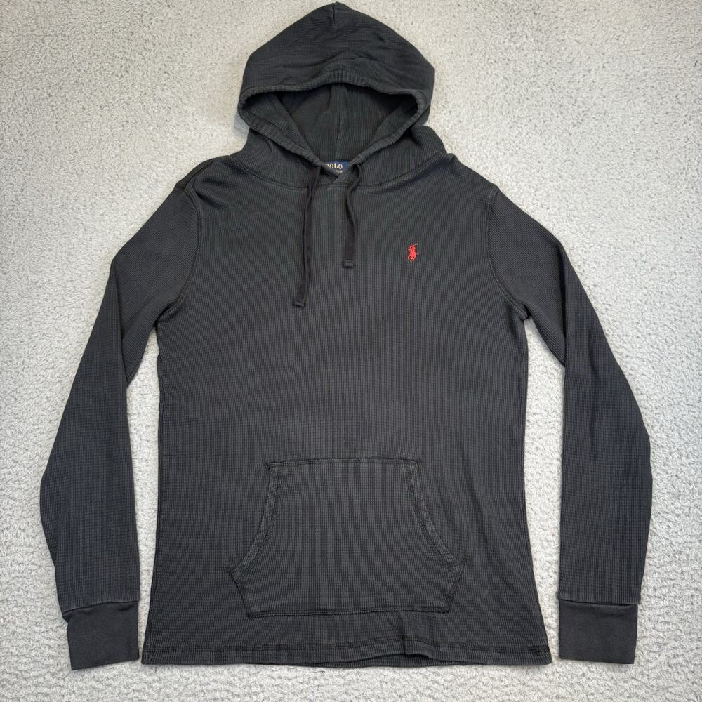 Polo Ralph Lauren Thermal Hoodie Men Large Black Waffle Knit Sweatshirt Pullover